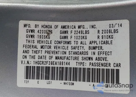 2014 Honda Accord Lx z USA, uszkodzony, nr VIN 1HGCR2F38EA189144